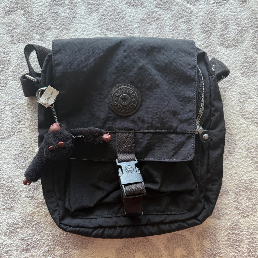 Kipling Black Crinkle Nylon Crossbody Messenger Bag with Monkey Keychain Davina